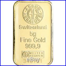 5 gram Gold Bar Argor Heraeus 999.9 Fine in Assay
