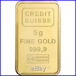 5 gram Gold Bar Credit Suisse Statue of Liberty 999.9 Fine Sealed with Assay