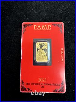 5 gram Gold Bar PAMP Suisse Lunar Year of the Ox 999.9 Fine in Assay