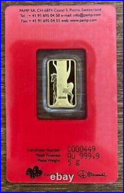 5 gram Gold Bar PAMP Suisse Year of the Horse 999.9 Fine in Assay