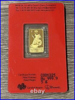 5 gram Gold Bar Pamp Suisse 2020 LUNAR RAT. 9999 Fine #0001325