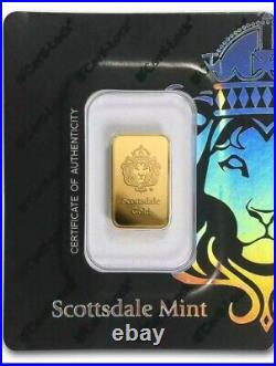 5 gram Gold Bar Scottsdale Mint In Certi-Lock w Assay. 9999 Fine Gold