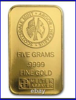 5 gram Gold Bar Scottsdale Mint In Certi-Lock w Assay. 9999 Fine Gold