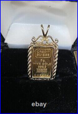 5 grams Credit Suisse 999.9 PURE 24KT Fine Gold Bar in 14kt diamond pendant