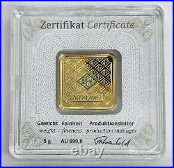 5 grams Geiger Original square. 999 fine gold bar in assay