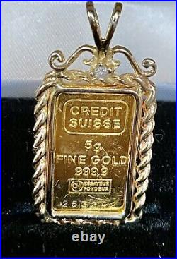 5 grams Suisse 999.9 PURE Fine Gold Bar set in 14kt Rope Diamond Pendant