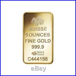 5 oz PAMP Suisse Lady Fortuna Gold Bar. 9999 Fine (In Assay)