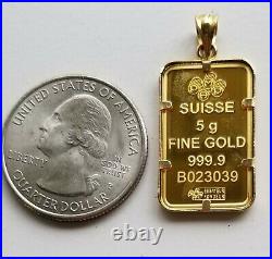 5gr 24K Fine Gold Suisse Lady Fortuna Bar/ 14K Solid Yellow Gold Bezel, 5.78 gr