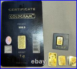 (6) 1 gram Gold CombiBarT Valcambi/PAMP Suisse/IGR/Scottsdale. 9999 Fine Gold