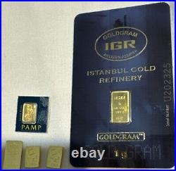 (6) 1 gram Gold CombiBarT Valcambi/PAMP Suisse/IGR/Scottsdale. 9999 Fine Gold