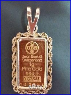 999.9 24K Fine Gold 1 gram UBS gold bar in 14K gold pendant