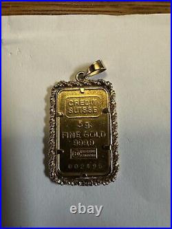 999.9 Pure Fine Gold 5gr Credit Suisse Coin Bar In 14K Rope Frame Pendant