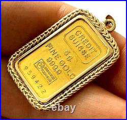 999.9 Pure Fine Gold 5gr Credit Suisse Coin Bar In 14K Rope Frame Pendant