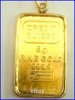 999 Credit Suisse 5.0 Grams Bar in 14K yellow gold bezel SN 944746 5.4gm