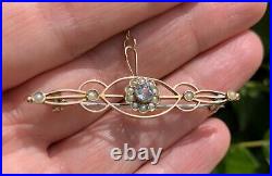 9ct Gold Antique Fine Victorian 1/4 Ct Aquamarine And Seed Pearl Bar Old Brooch