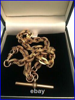 9ct gold albert watch chain t bar highly decorated oval links rare JG&S boxed