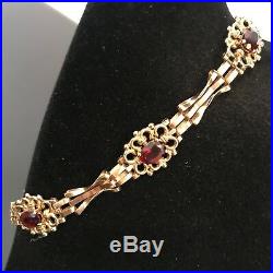 9ct solid Gold 3 Bar Gate Bracelet Vintage Victorian Style Garnet Set #122