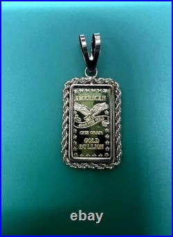 AMERICAN. 999 FINE GOLD INGOT BAR With 14K PENDANT 5MM BEZEL FRAME CHAIN NECKLACE