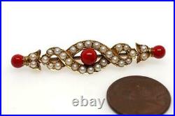 ANTIQUE 15K GOLD PEARL & CORAL RED ENAMEL KNOT BAR BROOCH c1890