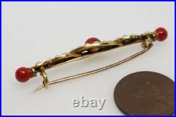 ANTIQUE 15K GOLD PEARL & CORAL RED ENAMEL KNOT BAR BROOCH c1890