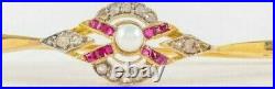 ANTIQUE C1890 ROSE DIAMONDS & RUBIES Bar Brooch Pin w PEARL