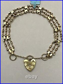 ASJ Vintage 9K Yellow Gold 3 Twisted Bar Gate Bracelet w Padlock Heart Clasp 7