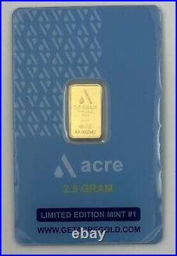 Acre 2.5 Gram 999.9 Fine Gold Bar Bullion In Assay Card