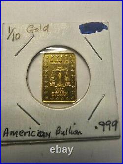 American 1/10 gold Bullion bar. 999 Fine 24 Carat Vintage RARE