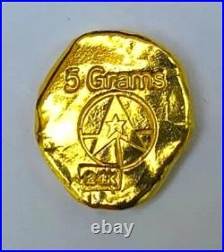 Angry Skull 5 Gram. 9999 Fine 24k Gold Bar Hand Poured & Stamped