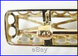 Antique 14K White Yellow Two Tone Gold Filigree Bar Brooch Pin Emeralds
