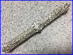 Antique 14k Gold & Platinum Top Diamond Filigree Bar Pin Brooch 3.4g