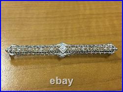 Antique 14k Gold & Platinum Top Diamond Filigree Bar Pin Brooch 3.4g