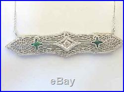 Antique 14k White Gold Filigree Bar Style Emerald & Diamond Necklace 16long