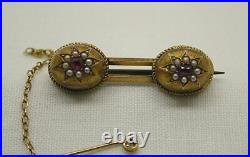 Antique 15ct Gold Ruby And Seed Pearl (Earrings) Bar Brooch