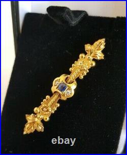 Antique 15ct Yellow Gold bar brooch. Set with a Sapphire & Diamonds. Circa 1905
