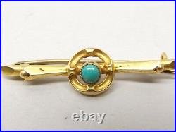 Antique 15k Gold Pin Bar Brooch Turquouise Victorian Ornate 15ct British Nouveau