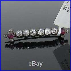 Antique 1800s 2.00ct Old Mine Cut Diamond & 0.50ct Ruby Silver & Gold Bar Pin