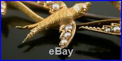 Antique 18ct Gold & Seed Pearl Bluebird Bar Brooch Boxed