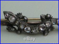 Antique 9ct Gold Victorian Rose Cut Diamond, Ruby & Pearl Lizard Bar Brooch