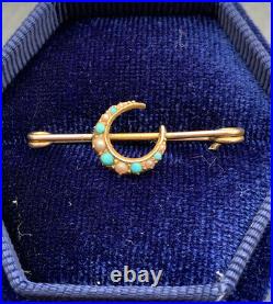 Antique 9ct Yellow Gold Turquoise And Pearl Crescent Bar Brooch Pin