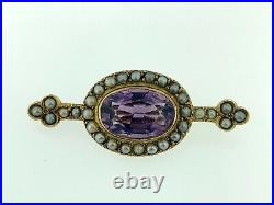 Antique Amethyst and Seed Pearl Halo Bar Brooch Pin, 14k Yellow Gold, Victorian