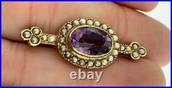 Antique Amethyst and Seed Pearl Halo Bar Brooch Pin, 14k Yellow Gold, Victorian