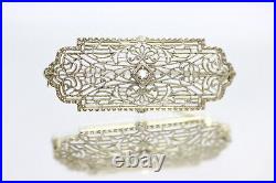 Antique Art Deco Diamond Floral Filigree 14k White Gold Bar Pin Brooch