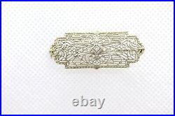 Antique Art Deco Diamond Floral Filigree 14k White Gold Bar Pin Brooch