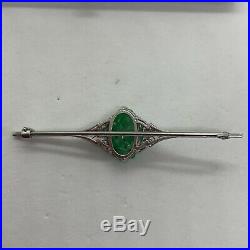 Antique Art Deco platinum 18k white gold A green jadeite jade diamond bar brooch