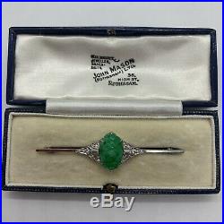 Antique Art Deco platinum 18k white gold A green jadeite jade diamond bar brooch