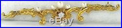 Antique Art Nouveau 14k Gold Diamond Natural Pearl Bar Pin
