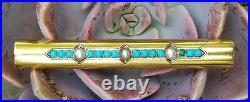 Antique Art Nouveau 14k Gold Turquoise Pearl Brooch Bar Pin Estate Jewelry 4.8g