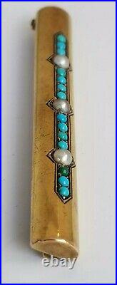 Antique Art Nouveau 14k Gold Turquoise Pearl Brooch Bar Pin Estate Jewelry 4.8g