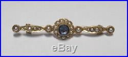 Antique Edwardian 14K Yellow Gold Seed Pearl Sapphire Bar Pin / Brooch 2.5 grams